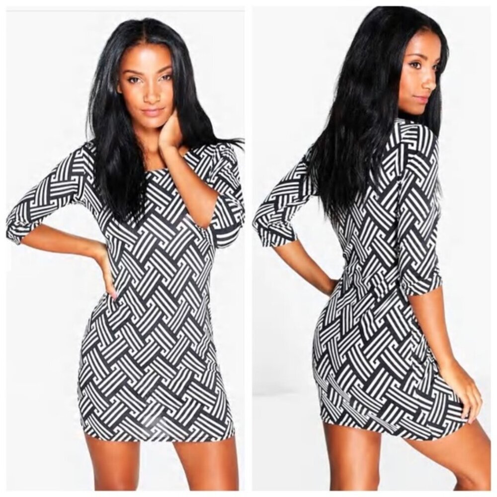 BOOHOO New Mini Dress Tunic Geometric Shapes BodyCon Stretch Crew Neck Art Deco